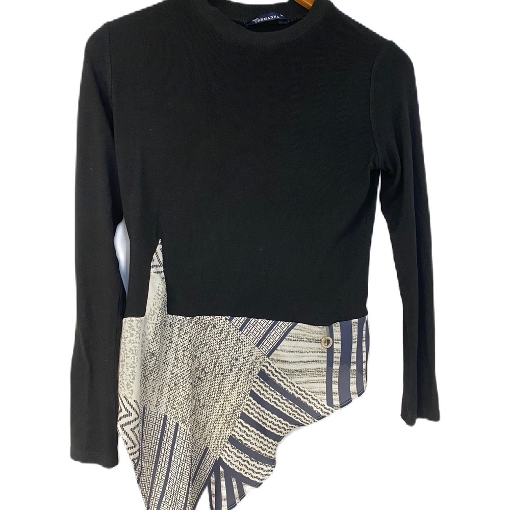 Ermanna Woman's Black Sweater Top Asymmetric Pattern Sz 36 business work ltwght - Picture 2 of 4